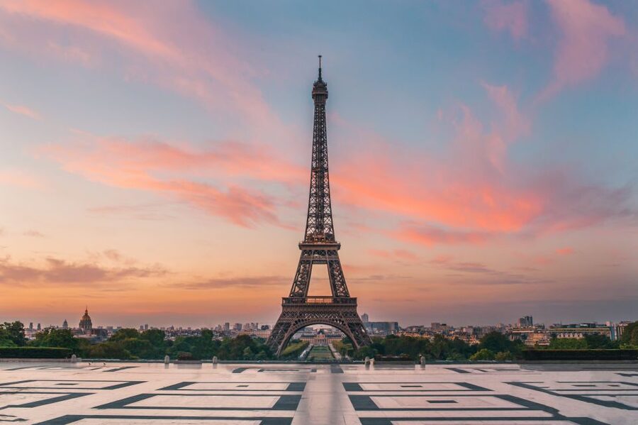 The Eiffel Tower from the Trocadéro esplanade at sunset